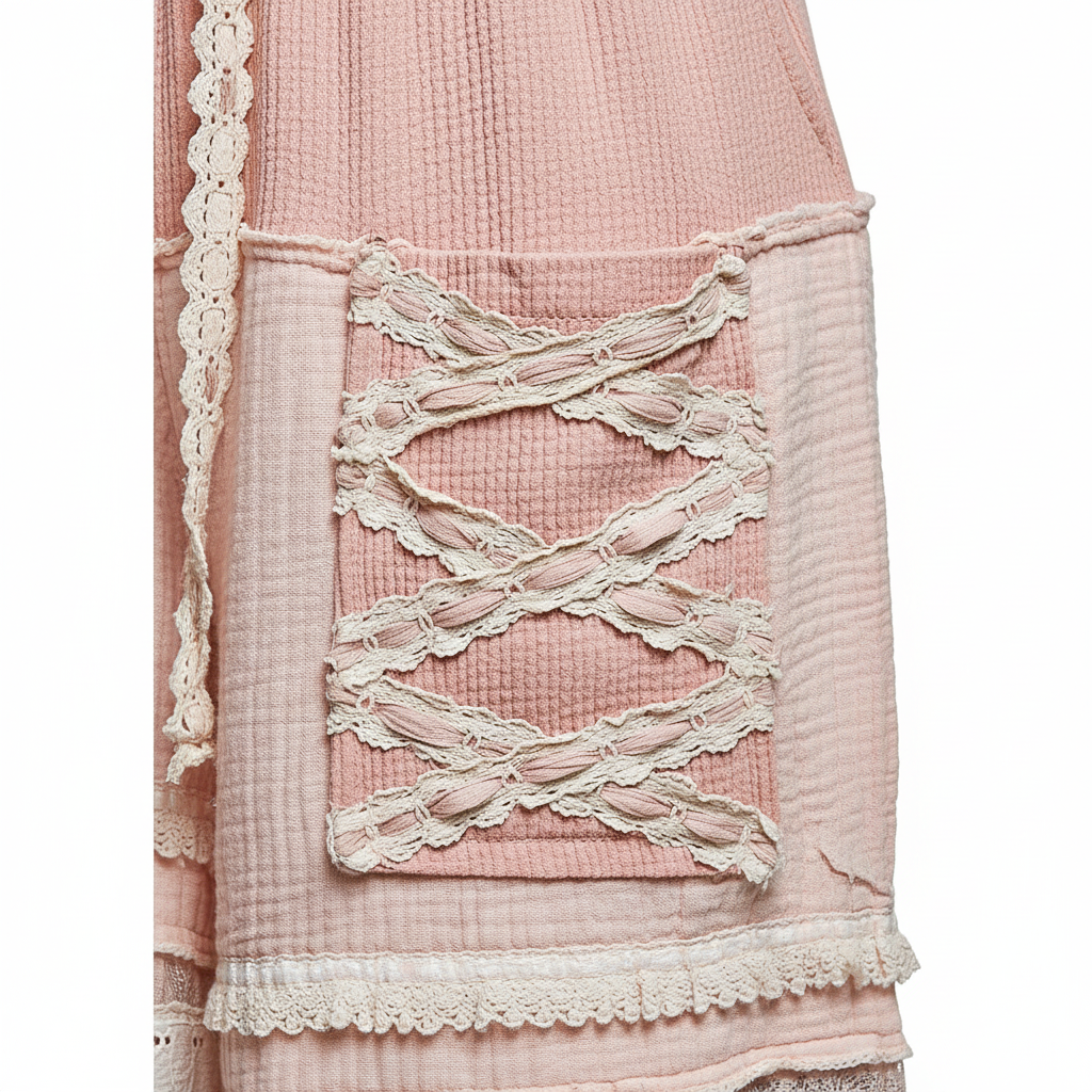 Women's pink patchwork jogger pants crochet lace-up pocket detail, double gauze fabric texture