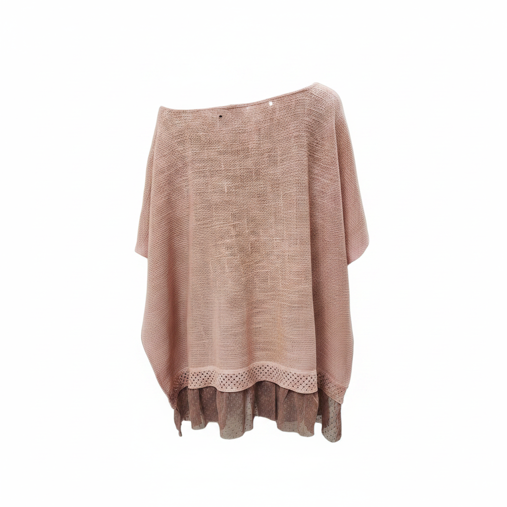 Women's blush pink knit poncho throwover with bird nest patch and ruffled mauve chiffon hem, relaxed fit