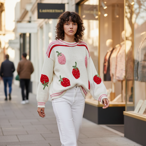 POL Clothing women's cream strawberry knit sweater, boutique street style, white wide-leg jeans
