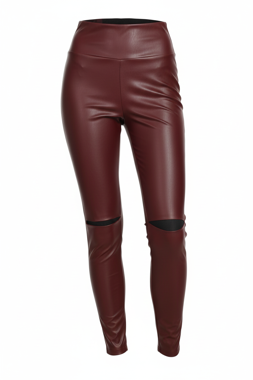 High Rise Faux Leather Leggings with Knee Cutouts - Front View - Burgundy wine red color with banded elastic waist