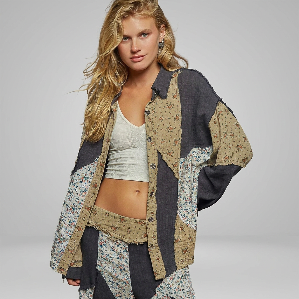 Woman wearing an open charcoal floral patchwork shirt over an ivory cropped top against a seamless gray background.