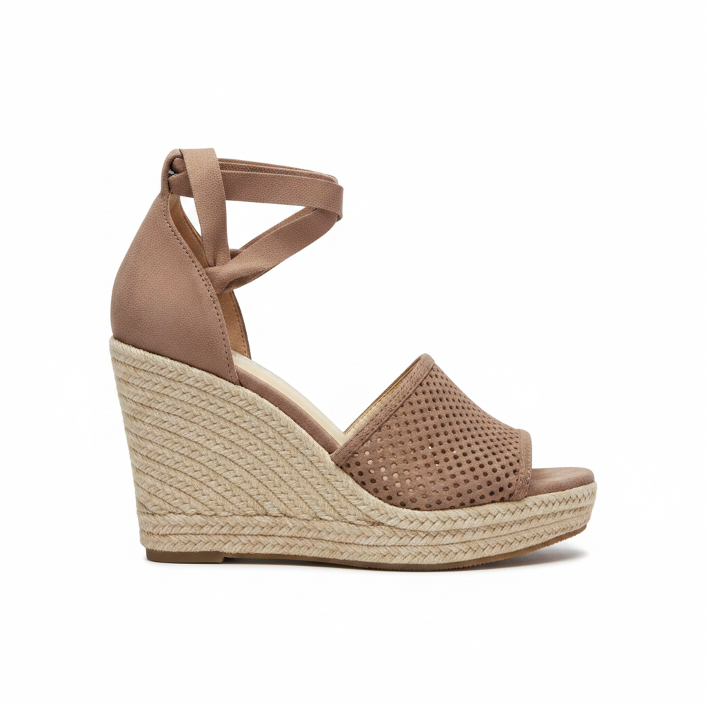 Taupe perforated suede espadrille wedge sandal, outer-side profile view showing braided jute wedge and ankle-wrap ribbon tie