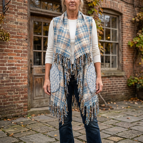 Blue plaid fringe vest with crochet pockets worn over an ivory top and dark jeans outside a brick shop.