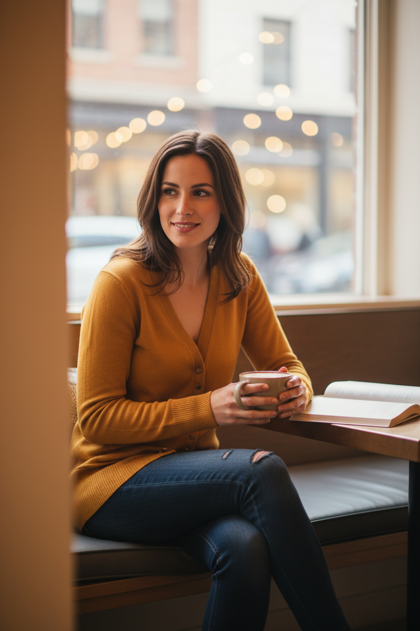 Woman Wearing Mustard Yellow Ribbed Cardigan with Denim Jeans in Cozy Coffee Shop Setting - Lifestyle Shot