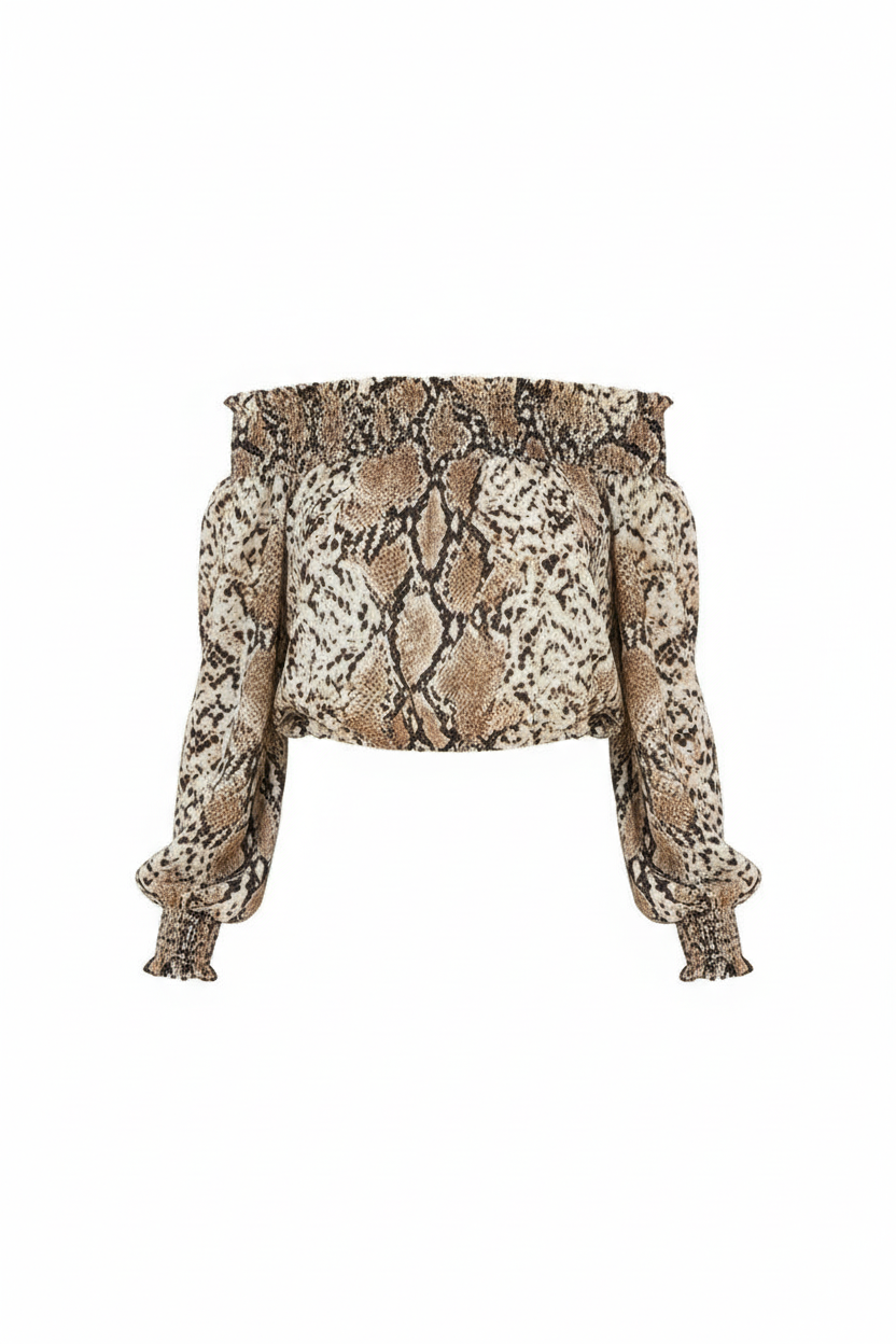 Snake print off-shoulder smocked top front view showing elastic neckline and long sleeves