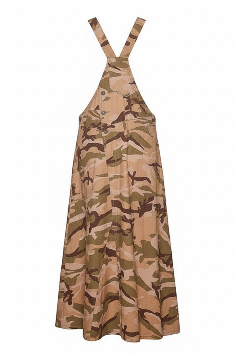 Camo Overall Maxi Dress - back view showing strap details and maxi length