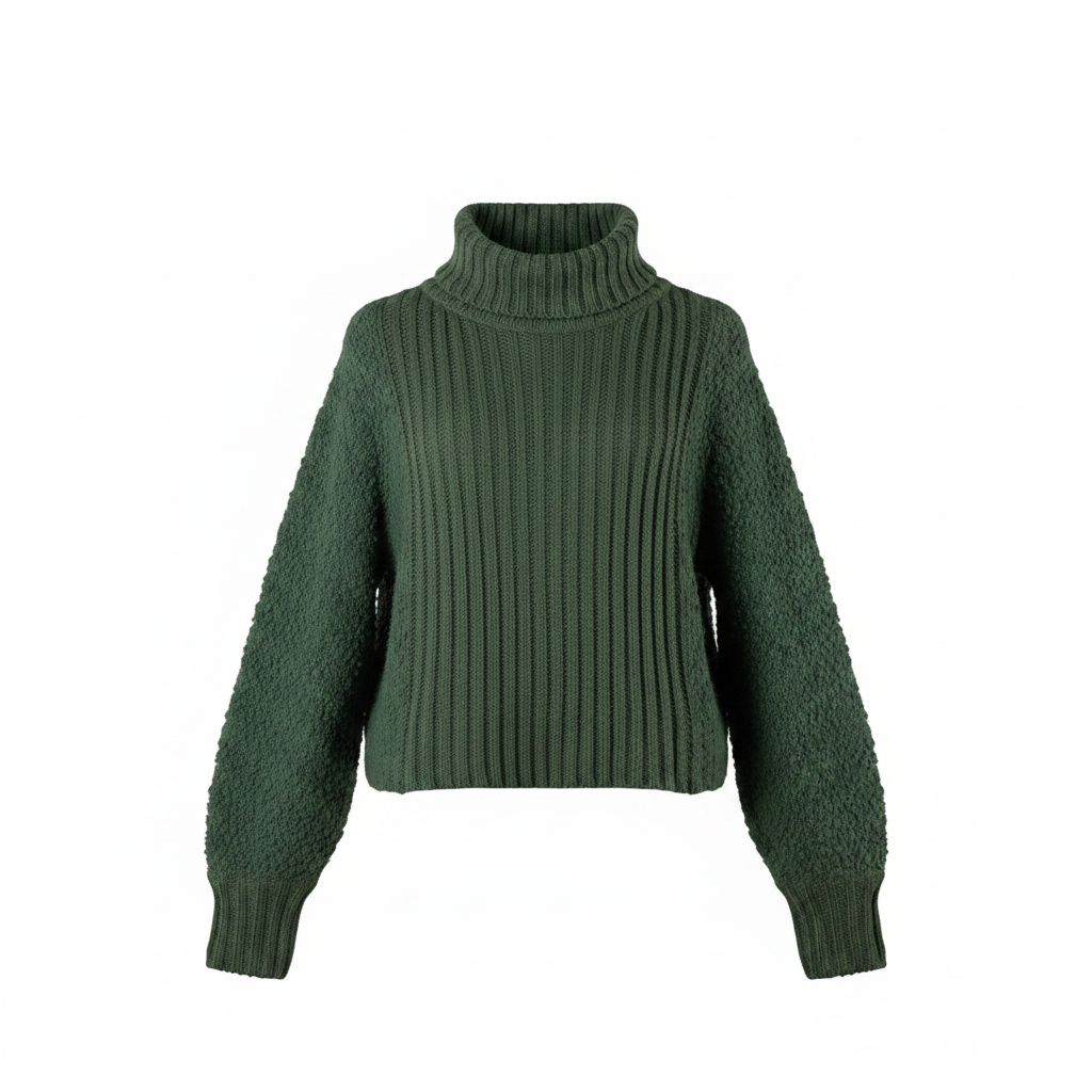 Cropped Turtleneck Sweater in Olive | Mixed Boucle Knit | BellanBlue