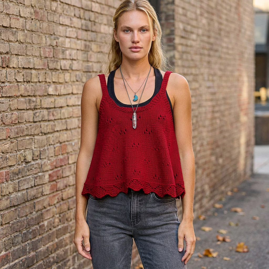 Ruby openwork knit camisole with scalloped hem over a black tank, front view beside a brick wall
