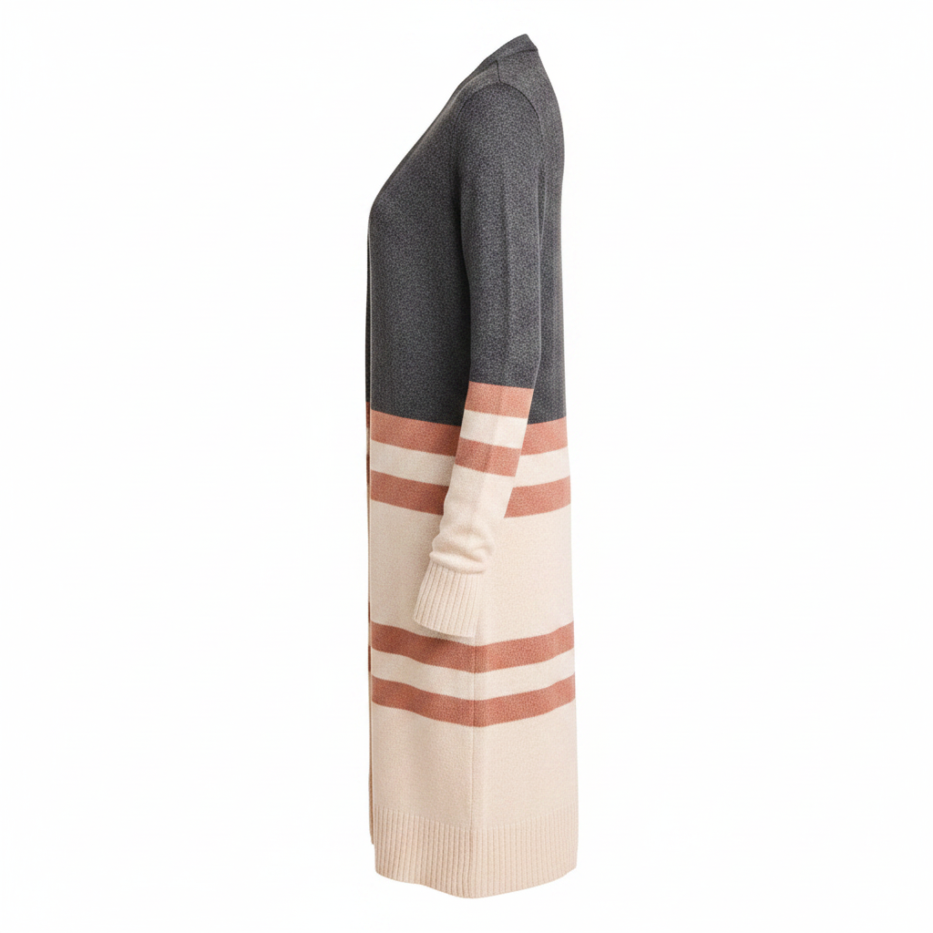 Women's cashmere open-front cardigan side view, color block knit in charcoal and oatmeal, long relaxed drape

