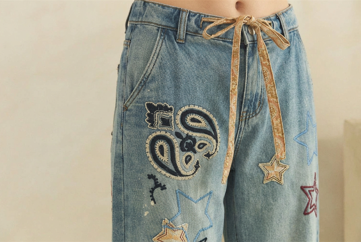 Close detail of black and cream paisley, outlined stars and a tan patterned tie on washed blue denim