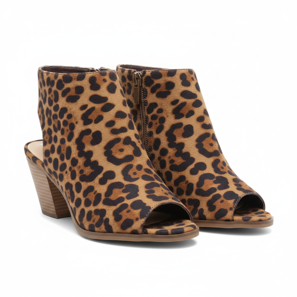Forever Link Winster-2 leopard peep-toe cutout booties, both shoes front three-quarter hero view, white background