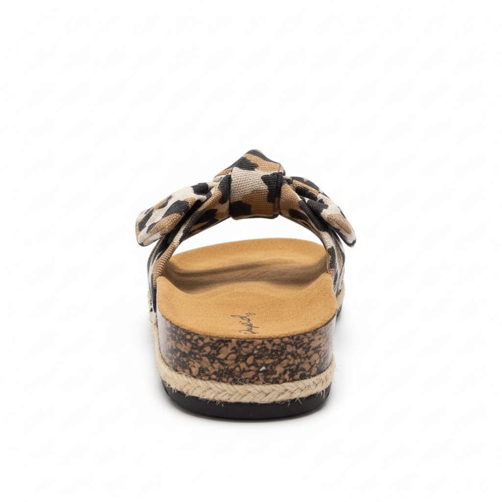 Women's leopard canvas bow slide sandal, back heel view showing open back slip-on silhouette, cork jute midsole, and tan footbed, white background
