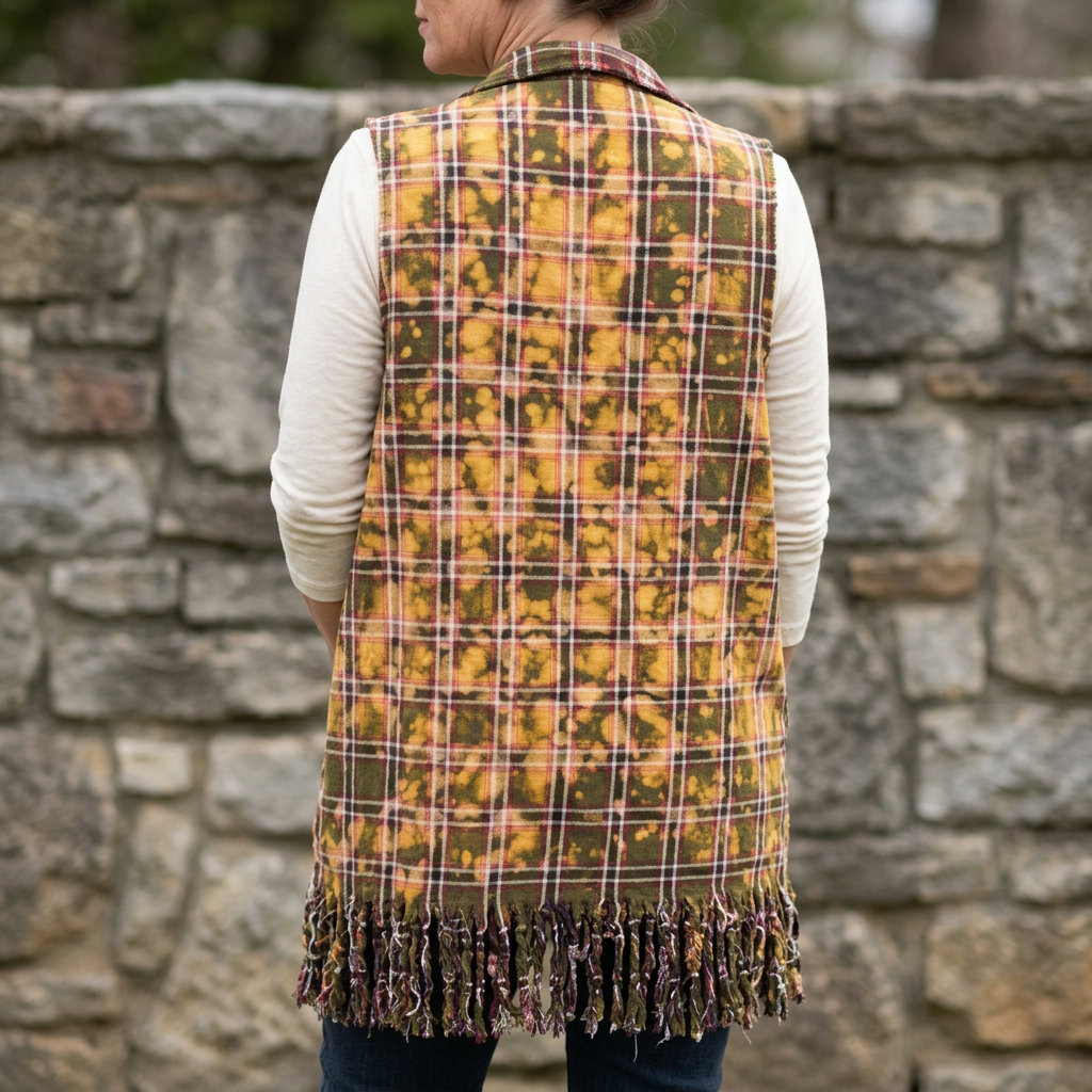 Back view of a long olive and mustard plaid vest with a fringed hem beside a stone wall.