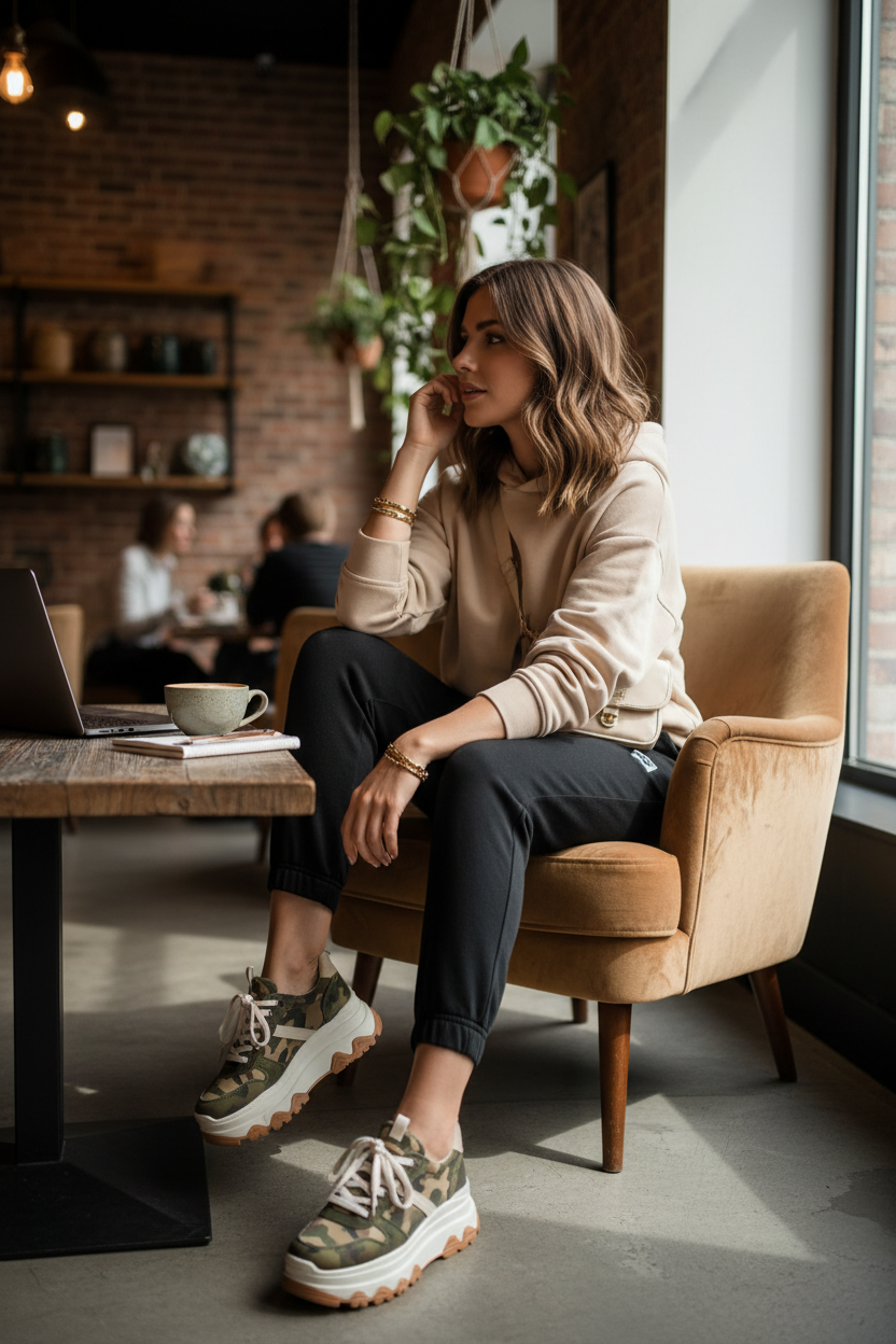 Khaki camo slip-on sneakers styled with casual outfit at coffee shop
