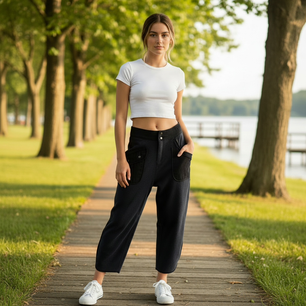 Woman wearing Black Charcoal Washed Terry Cargo Pants with white crop top - Casual weekend style - BiBi