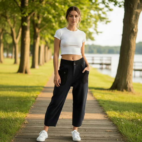 Woman wearing Black Charcoal Washed Terry Cargo Pants with white crop top - Casual weekend style - BiBi