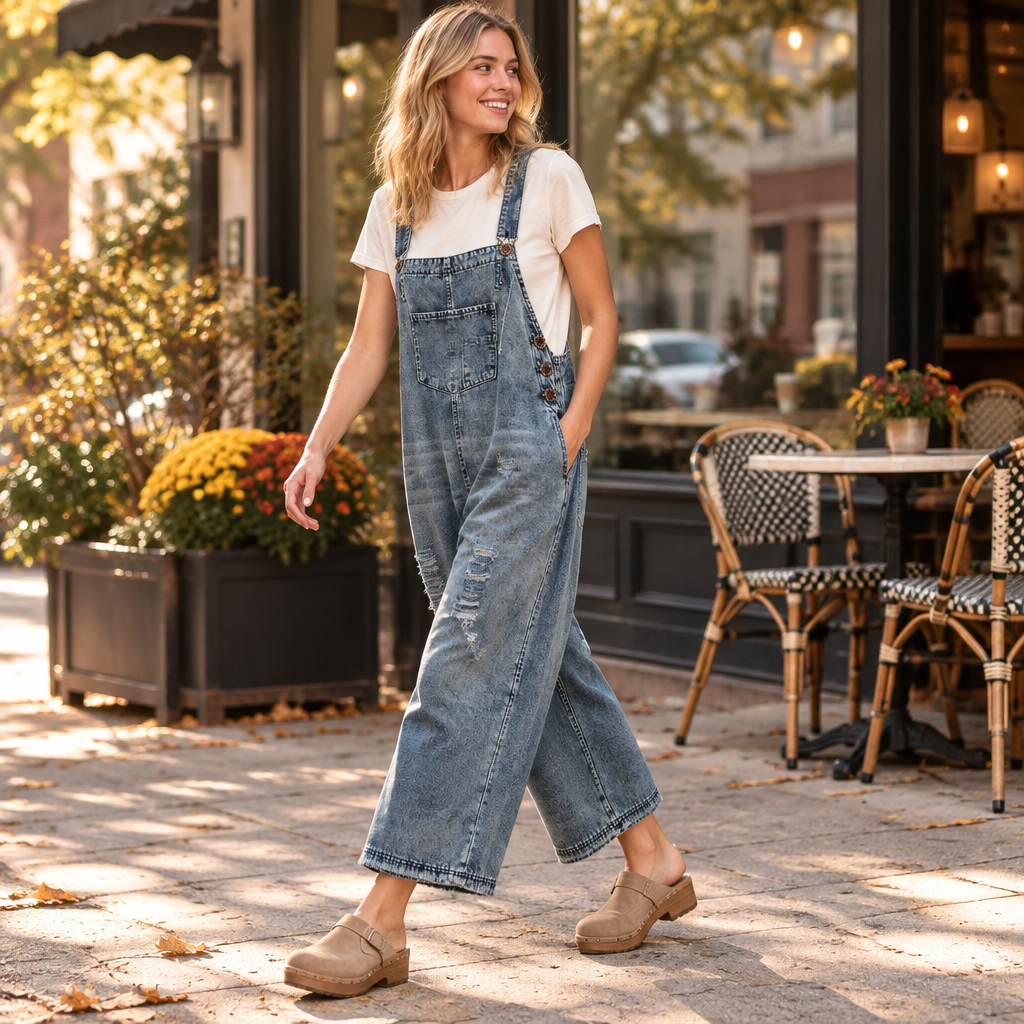 Easel Clothing women's distressed denim overalls styled with a tee outside a cafe