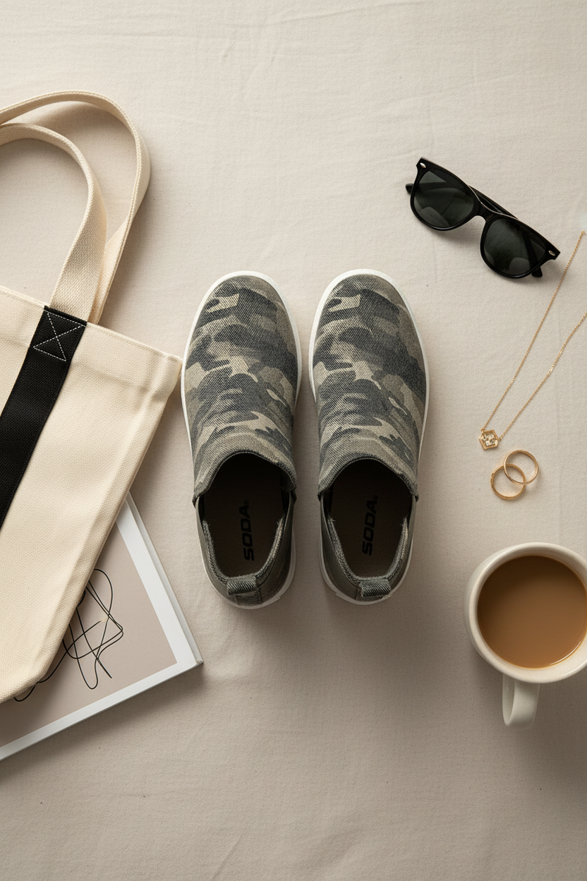 Camouflage slippers on a light surface with a tote bag, sunglasses, coffee, and jewelry.