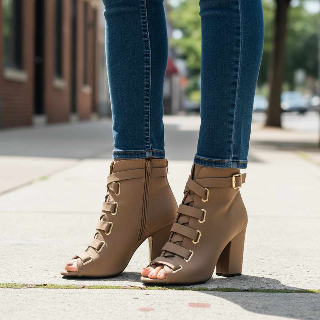 Woman standing in taupe Qupid peep-toe lace-up ankle booties with dark jeans, knees-down street style