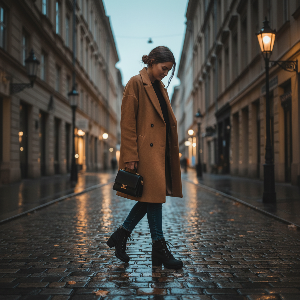 Woman wearing black lace-up block heel combat boots with skinny jeans and camel coat on autumn city street