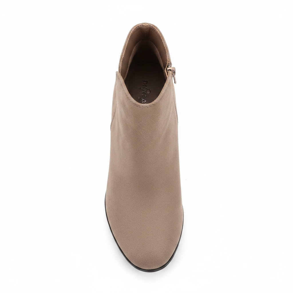 Taupe wedge ankle bootie top-down view showing round toe box and ankle opening - Soda Shoes