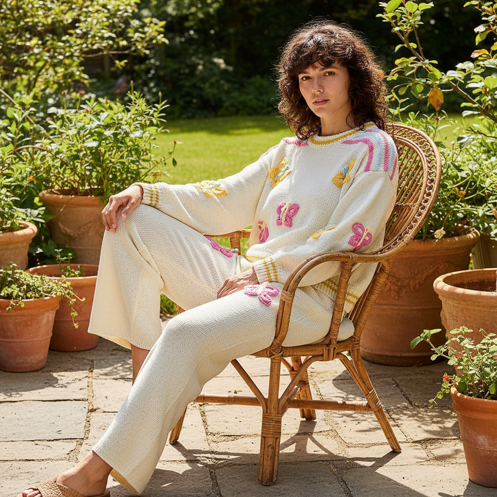 POL Clothing women's cream multi chenille sweater top with butterfly appliqués, seated garden patio styling