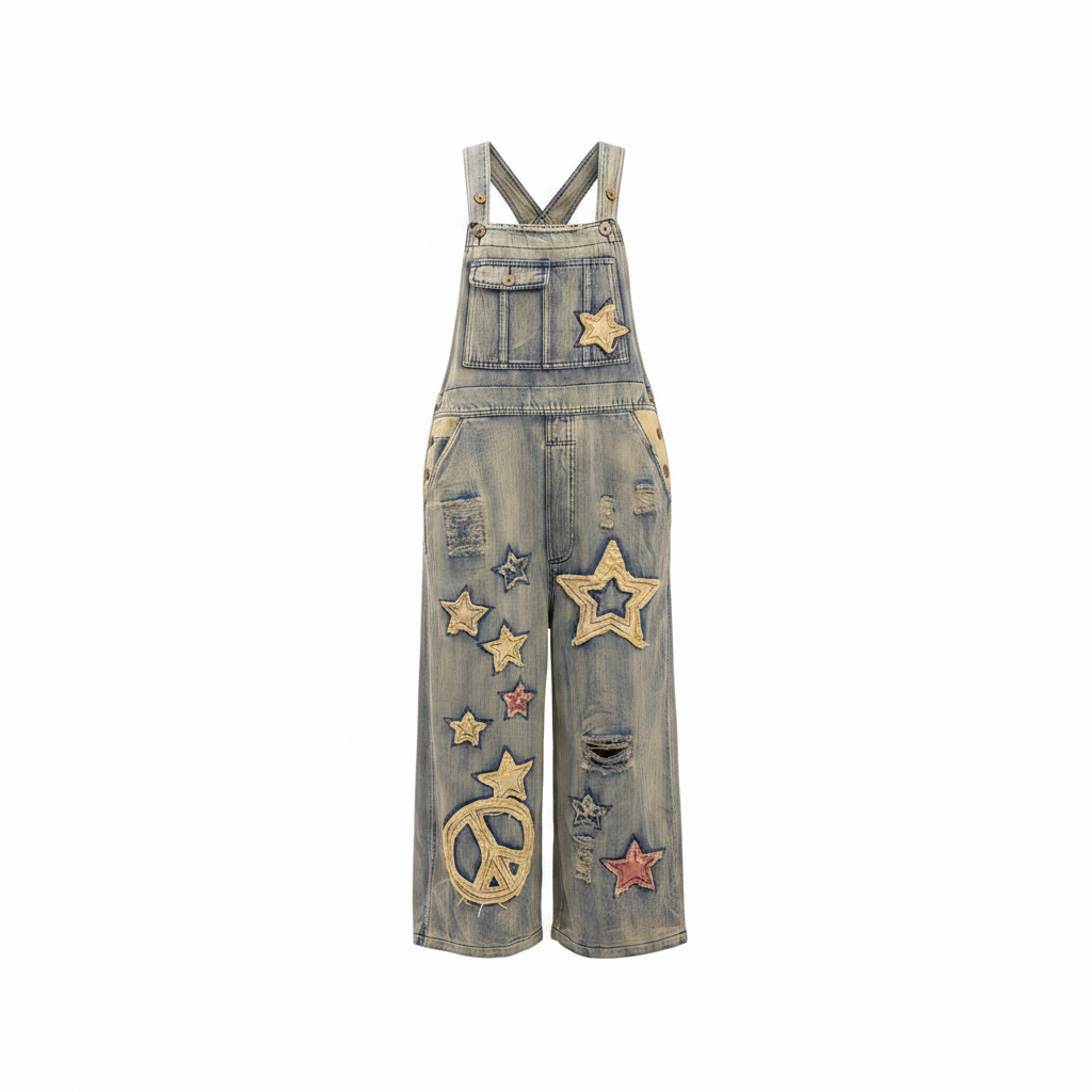 Women's vintage wash wide-leg denim overall jumpsuit with star patchwork, front view, white background