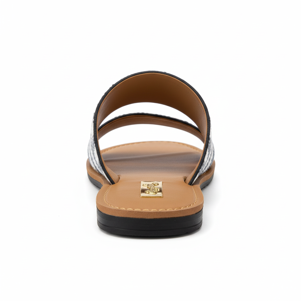 Qupid camel two-band flat slide sandal back view showing open heel and striped woven upper strap