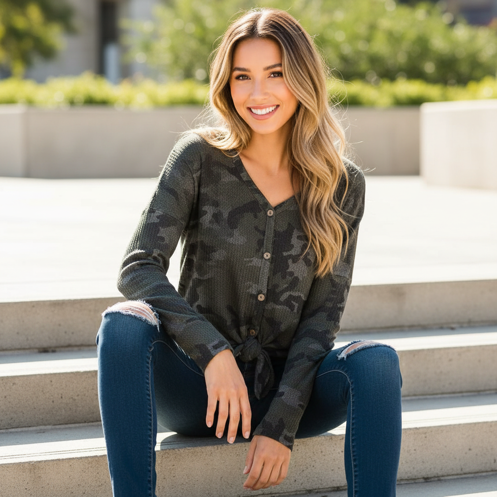Women's dark olive camo front-tie top worn seated outdoors, button-front knit top with tied hem detail