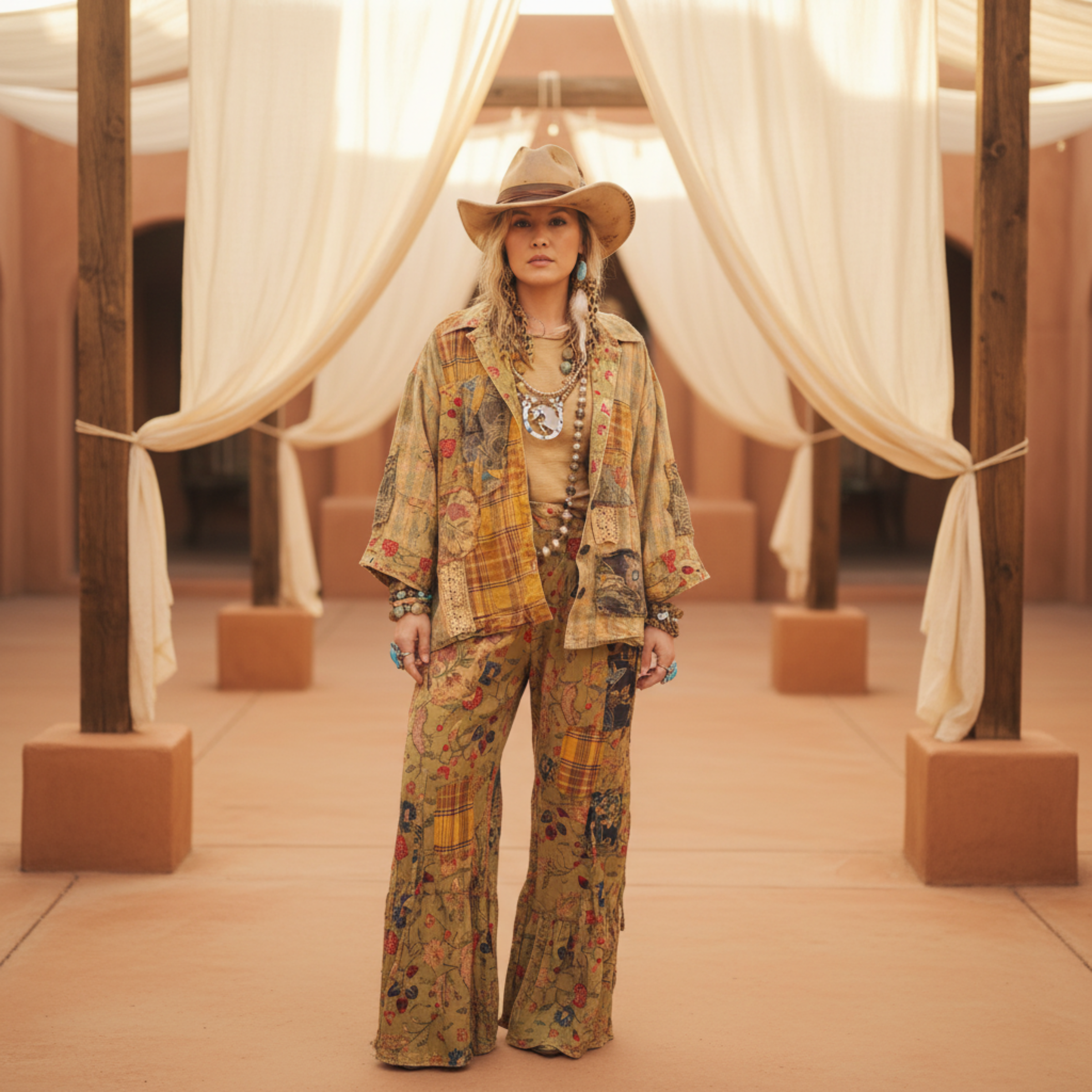 Women's golden olive patchwork boho jacket, casual daytime styling, palazzo pants, turquoise jewelry, cowboy hat