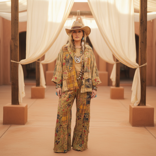 Women's golden olive patchwork boho jacket, casual daytime styling, palazzo pants, turquoise jewelry, cowboy hat