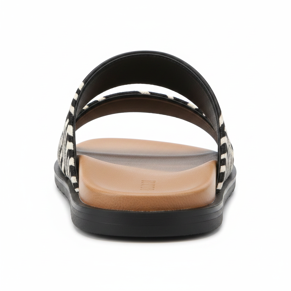 Back view of women's double strap slide sandal showing black ankle strap band and flat heel