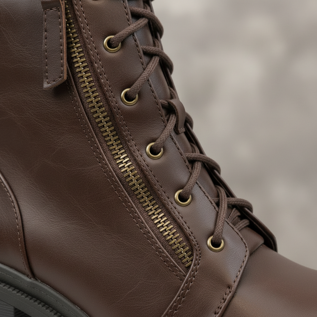 Close-up detail of gold zipper and brass eyelets on Soda Indiana-S brown combat boot