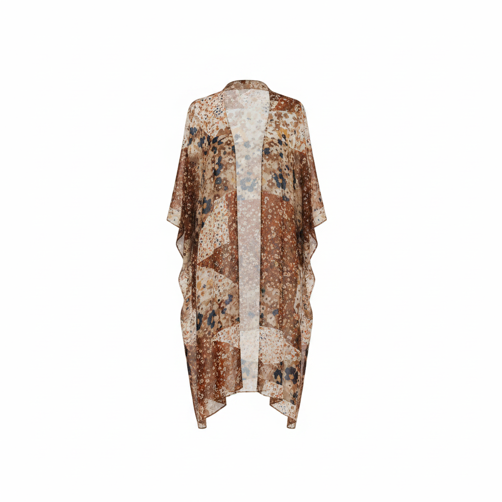 Women's brown navy floral open-front kimono, lightweight woven fabric, relaxed one-size fit, ghost mannequin front view