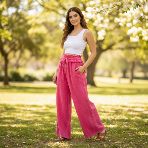 Women's hot pink mineral washed wide leg pants with waist tie styled for boho weekend outdoor look - BellanBlue