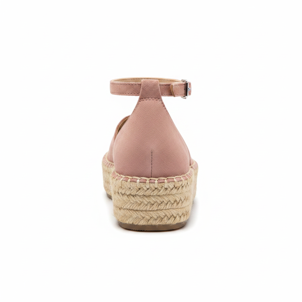 Women's mauve suede espadrille flatform sandal back view showing ankle strap buckle closure and woven jute platform sole