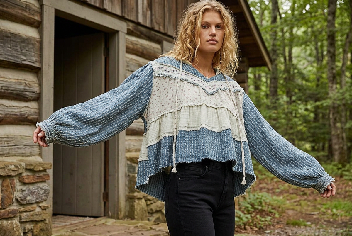 Blue and cream patchwork hoodie showing full sleeves and a shorter front hem outside a wood cabin.