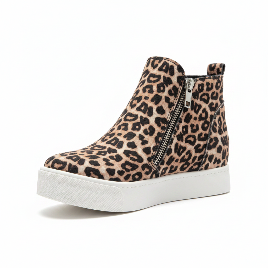 Women's leopard print ankle sneaker bootie 3/4 angle, side zipper detail, chunky white sole