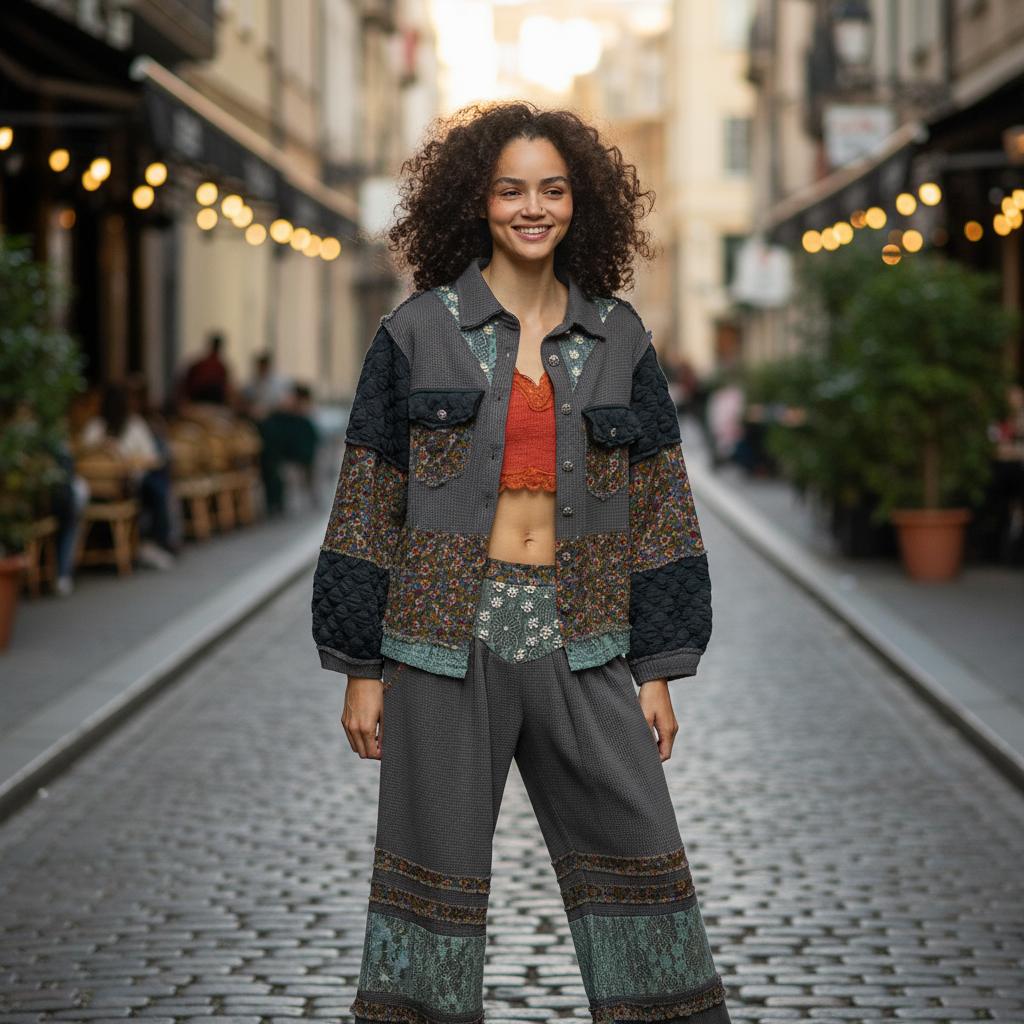 Women's charcoal floral quilted balloon sleeve jacket styled casually - BellanBlue