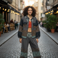 Women's charcoal floral quilted balloon sleeve jacket styled casually - BellanBlue