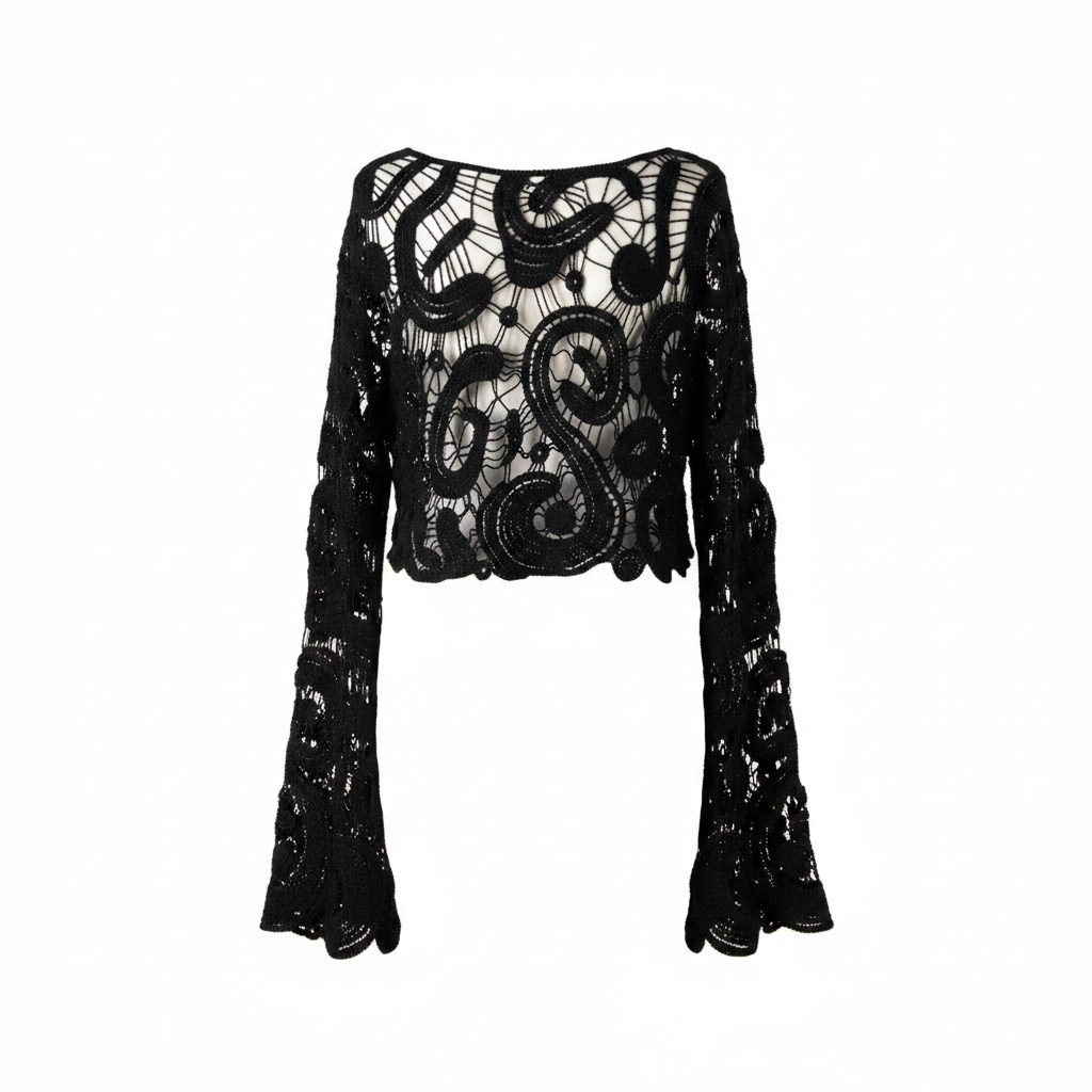 Women's black crochet crop top back view scoop neckline swirl motifs flared bell sleeve drape