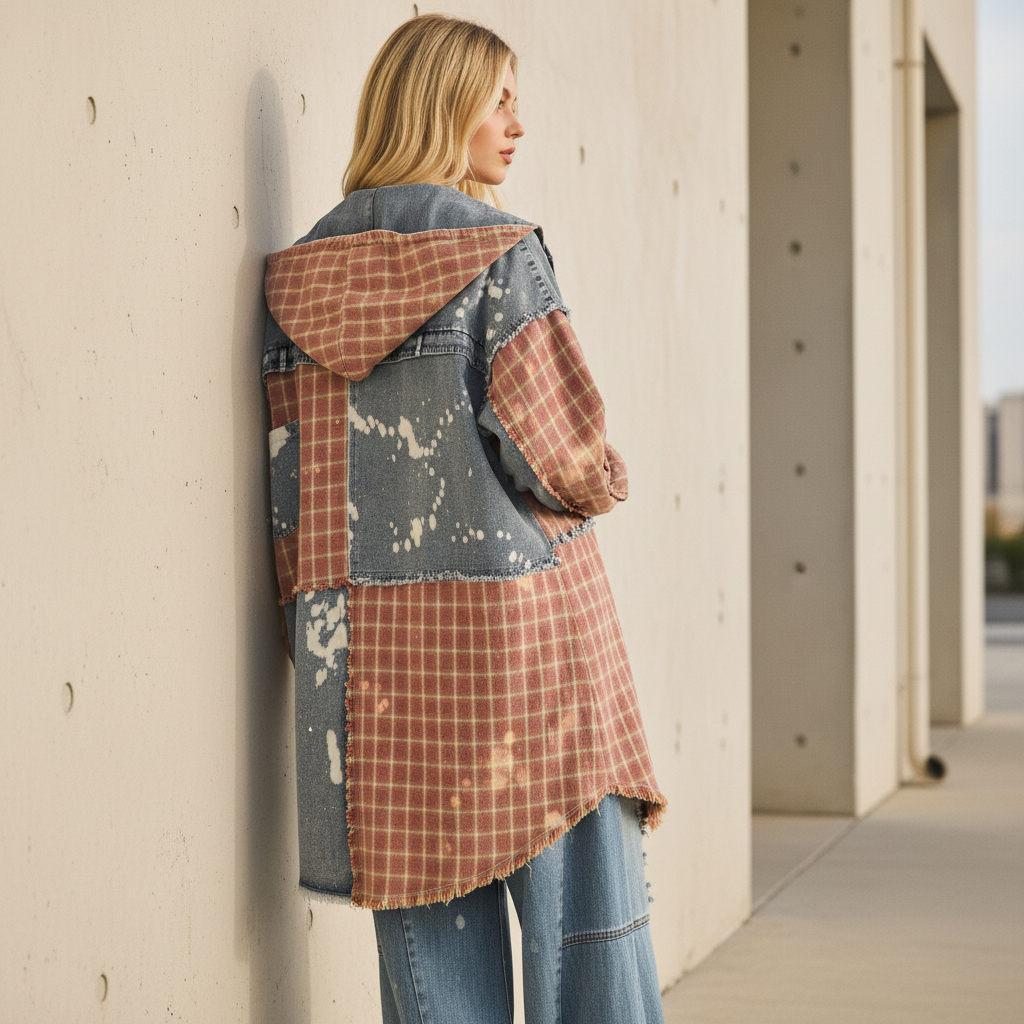 Back view of Oli & Hali bleach-splatter denim patchwork shacket with plaid hood detail, urban setting
