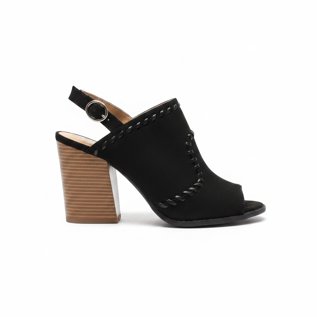 Qupid DAYOFF-23X black suede PU peep-toe slingback mule with whipstitch trim and stacked block heel, outer-side profile view