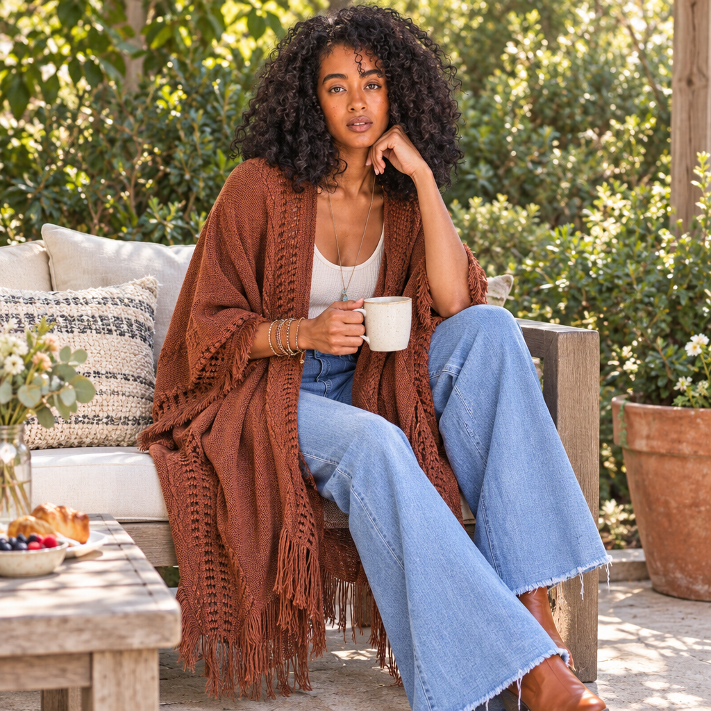 Leto Collection women's brown fringed ruana draped over a casual outfit on a garden patio