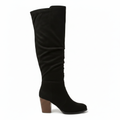 Women's black stretch crinkle faux suede over-the-knee slouchy boot with ruched shaft elastic back panel and stacked block heel side profile view white background