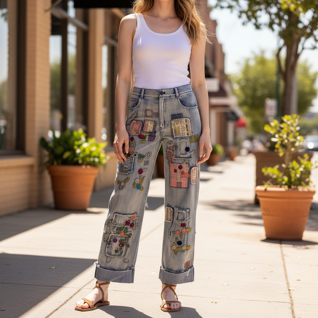 Bluevelvet women's medium wash patchwork embroidered wide leg denim pants, boutique street style - BellanBlue