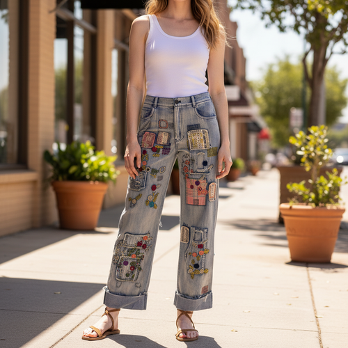 Bluevelvet women's medium wash patchwork embroidered wide leg denim pants, boutique street style - BellanBlue
