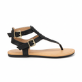 Black braided thong flat sandal with double gold buckle straps and tan cushioned footbed, side profile view, white background