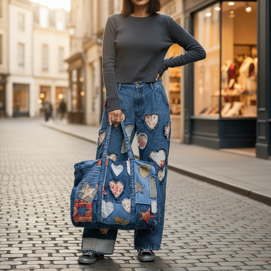 POL Clothing Women's Deep Denim POL Patchwork Denim Tote Bag styled on shoulder in outdoor courtyard