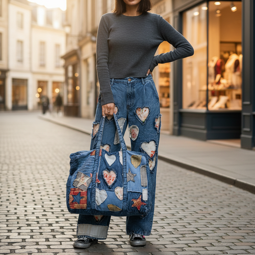 POL Clothing Women's Deep Denim POL Patchwork Denim Tote Bag styled on shoulder in outdoor courtyard